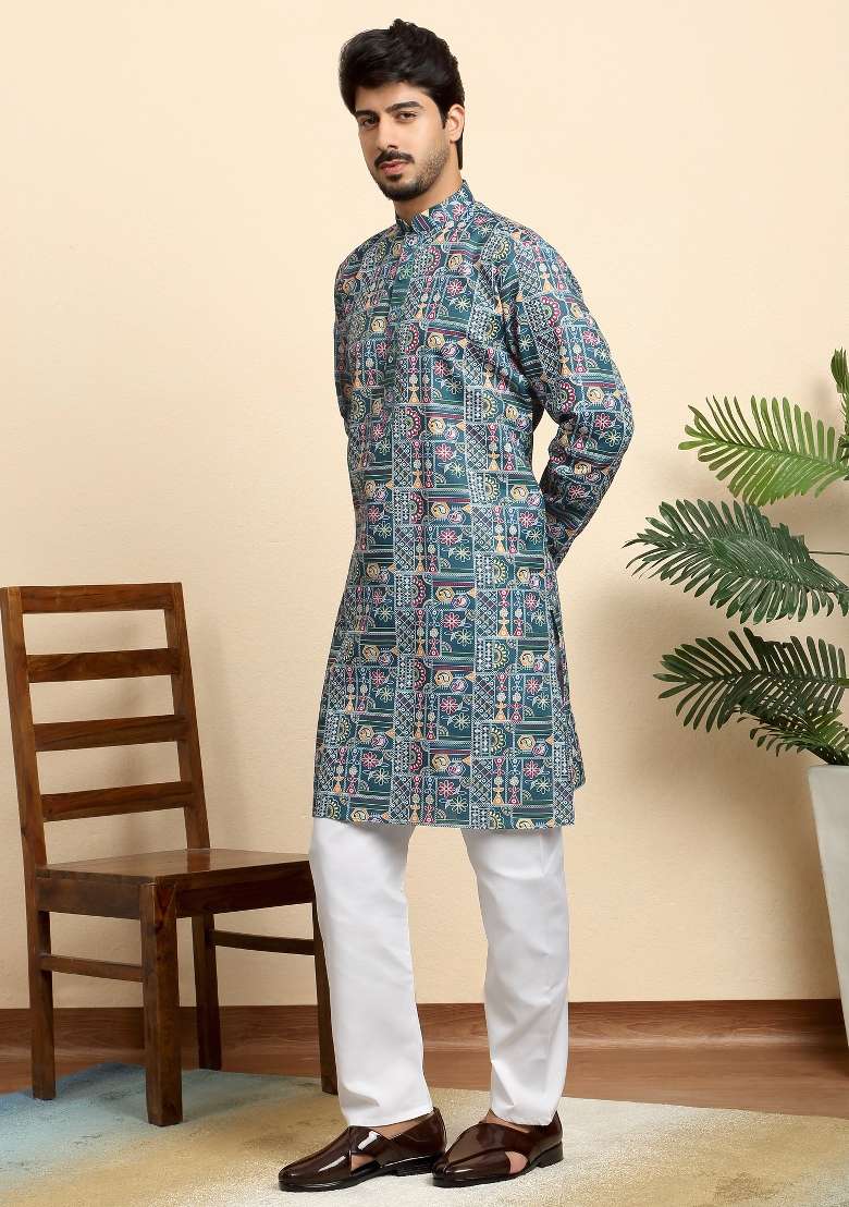 Blue Printed Cotton Blend Kurta For Men - Indya