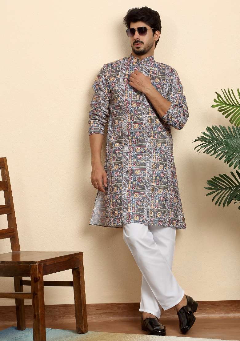 Grey Printed Cotton Blend Kurta For Men - Indya
