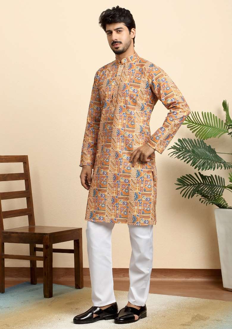 Orange Printed Cotton Blend Kurta For Men - Indya