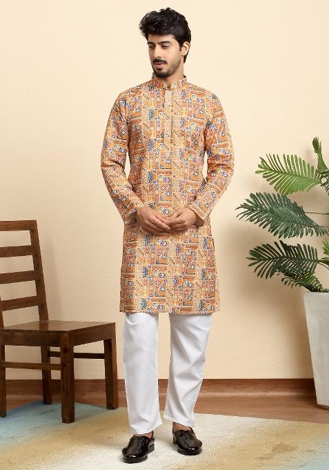 Orange Printed Cotton Blend Kurta For Men