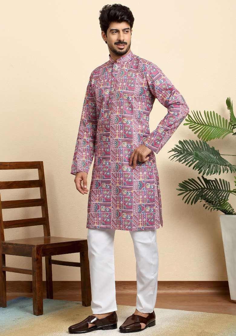 Pink Printed Cotton Blend Kurta For Men - Indya
