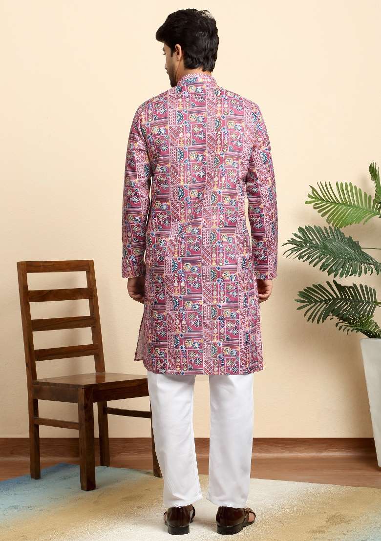 Pink Printed Cotton Blend Kurta For Men - Indya