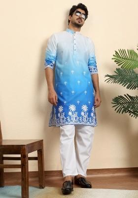 Blue Printed Cotton Blend Kurta For Men