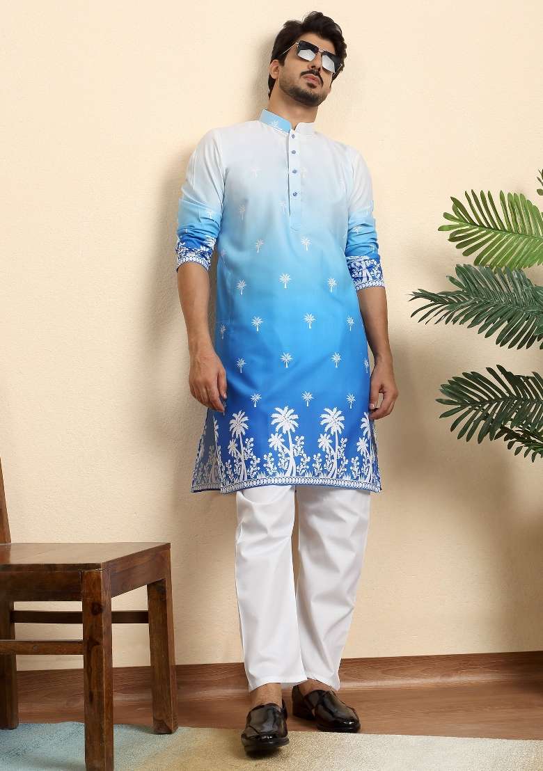 Blue Printed Cotton Blend Kurta For Men - Indya