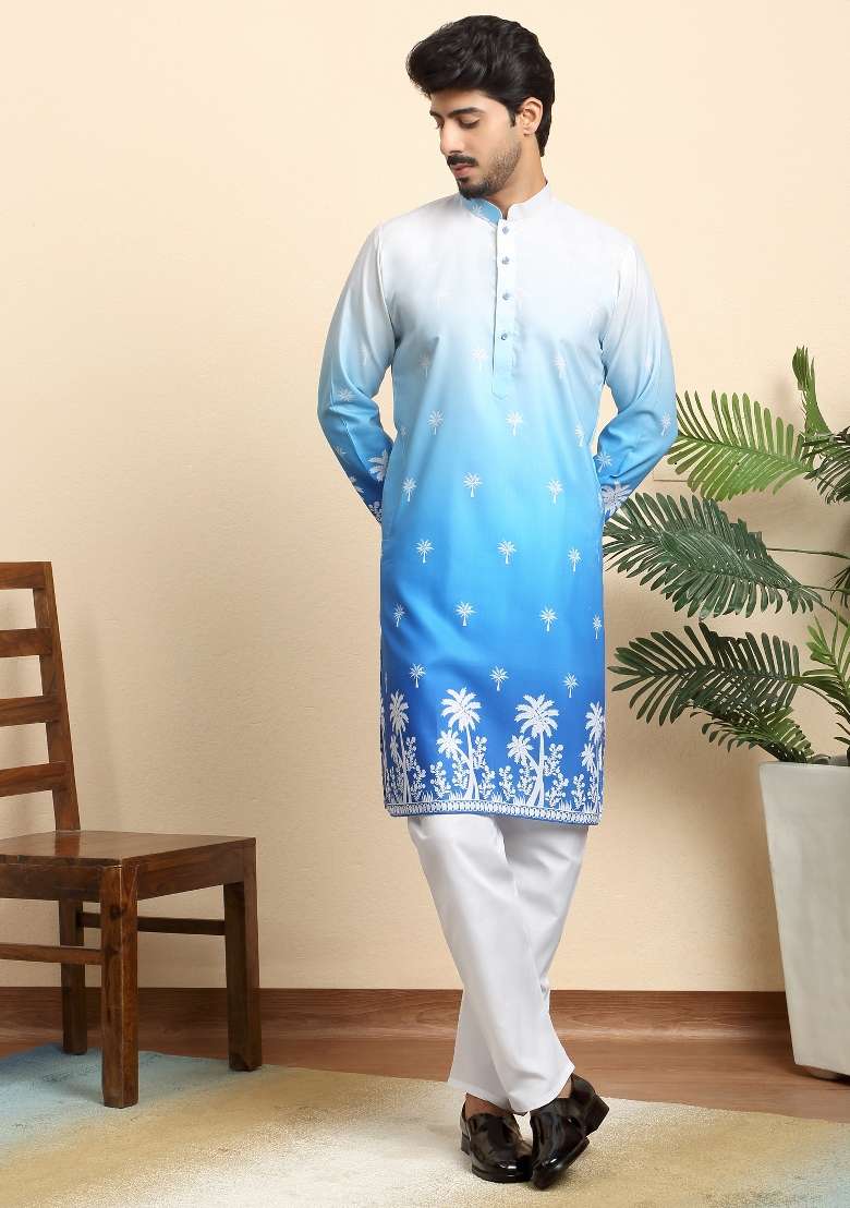 Blue Printed Cotton Blend Kurta For Men - Indya