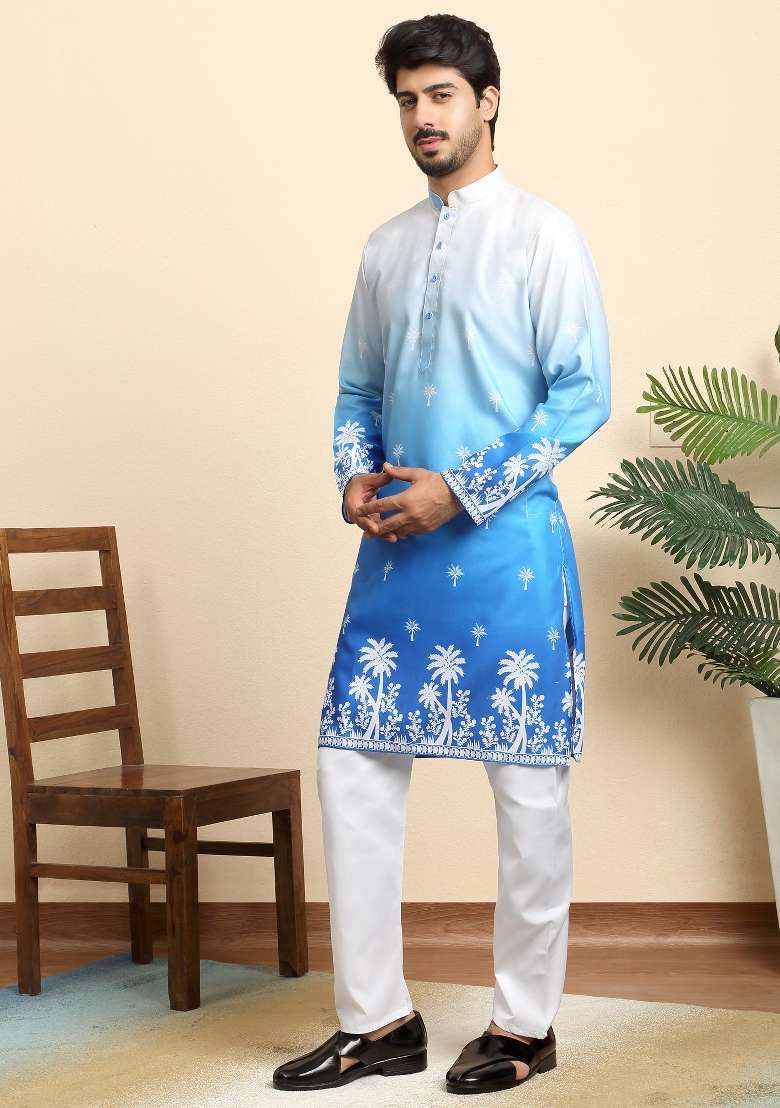 Blue Printed Cotton Blend Kurta For Men - Indya