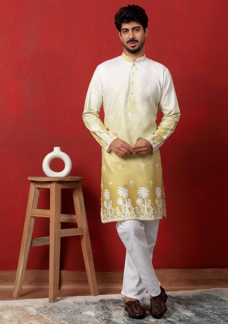Green Printed Cotton Blend Kurta For Men - Indya