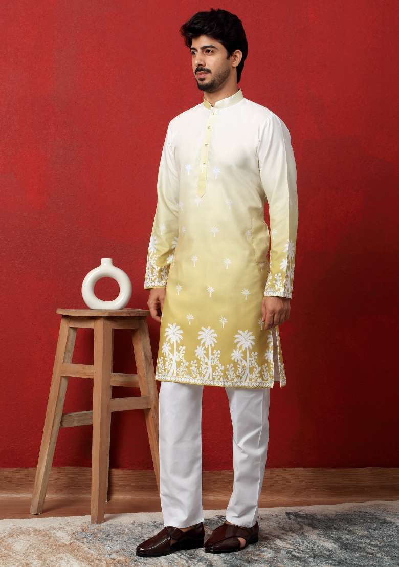 Green Printed Cotton Blend Kurta For Men - Indya