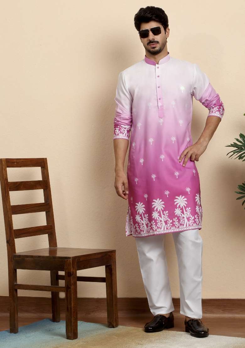 Pink Printed Cotton Blend Kurta For Men - Indya
