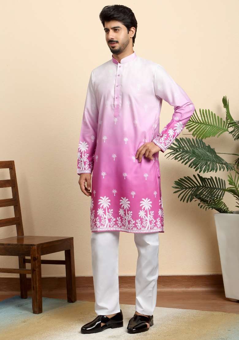 Pink Printed Cotton Blend Kurta For Men - Indya