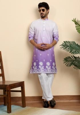 Purple Printed Cotton Blend Kurta For Men