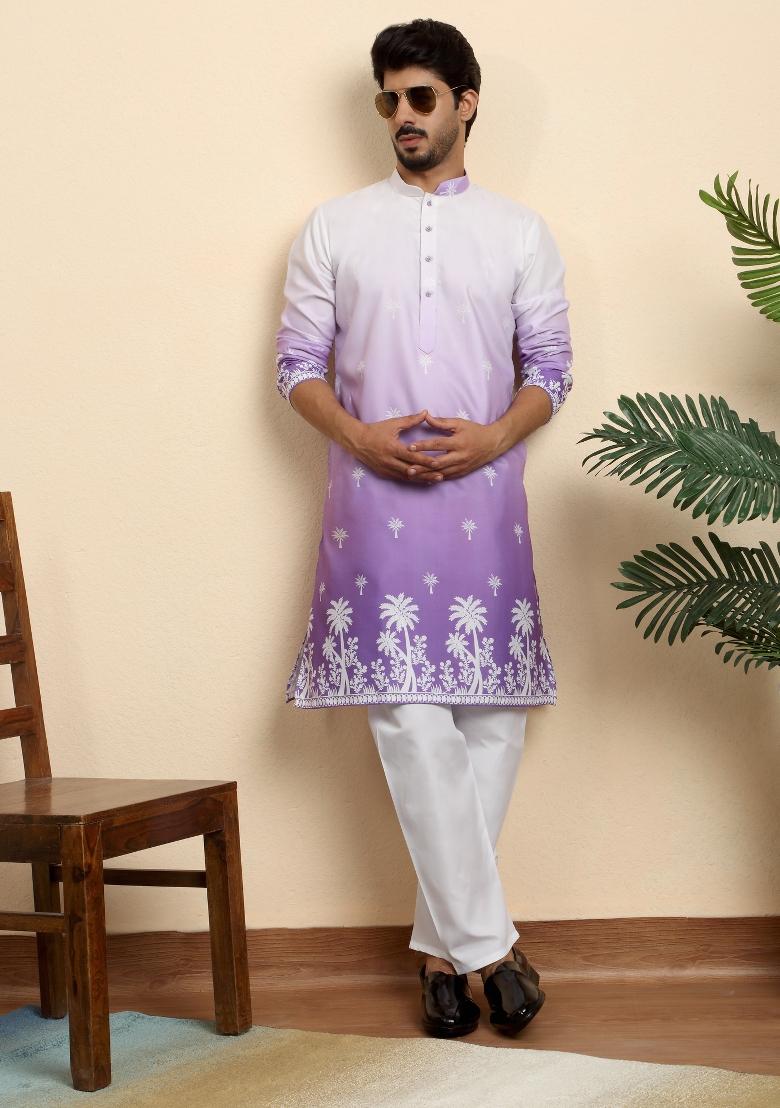 Purple Printed Cotton Blend Kurta For Men - Indya
