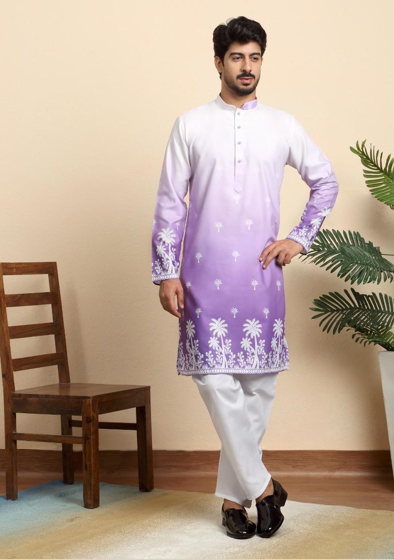 Purple Printed Cotton Blend Kurta For Men - Indya