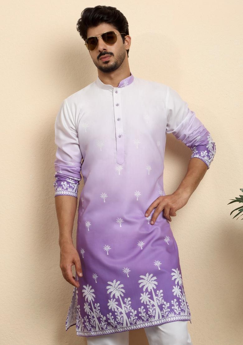 Purple Printed Cotton Blend Kurta For Men - Indya