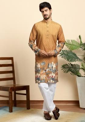 Beige Printed Cotton Blend Kurta For Men