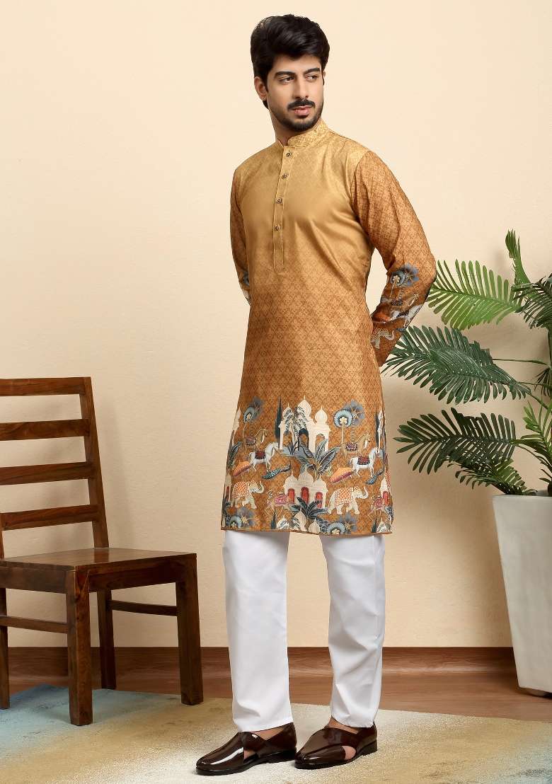 Beige Printed Cotton Blend Kurta For Men - Indya