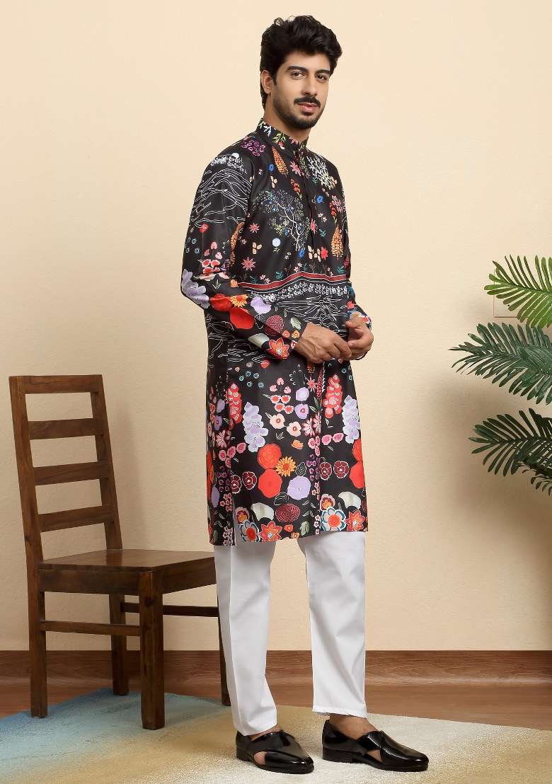 Black Printed Cotton Blend Kurta For Men - Indya