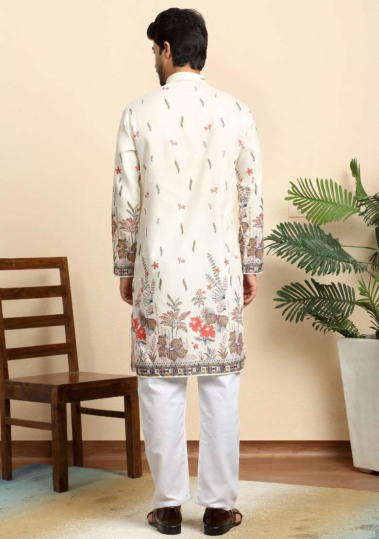 Cream Printed Cotton Blend Kurta For Men - Indya