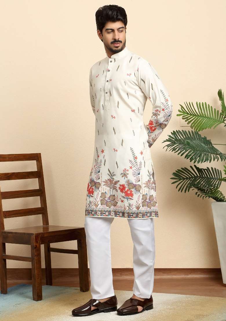Cream Printed Cotton Blend Kurta For Men - Indya