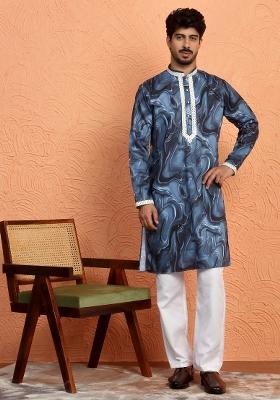 Blue Printed Silk Blend Kurta For Men