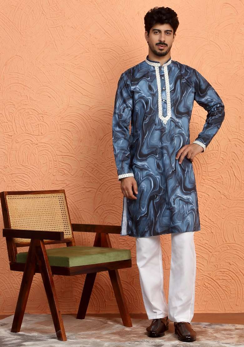 Blue Printed Silk Blend Kurta For Men - Indya