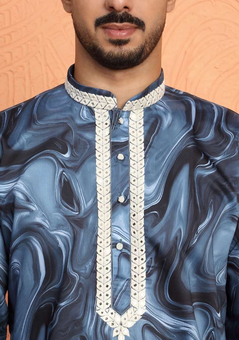 Blue Printed Silk Blend Kurta For Men - Indya