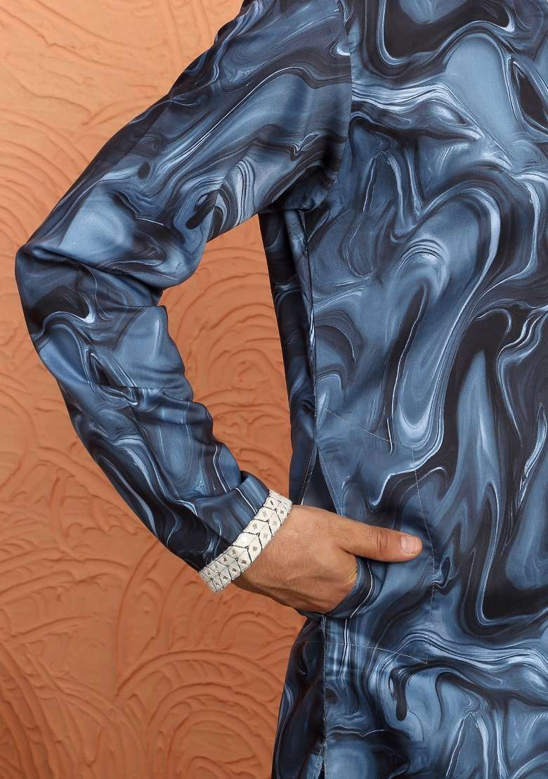 Blue Printed Silk Blend Kurta For Men - Indya