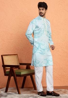 Green Printed Silk Blend Kurta For Men