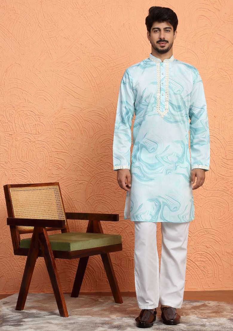 Green Printed Silk Blend Kurta For Men - Indya