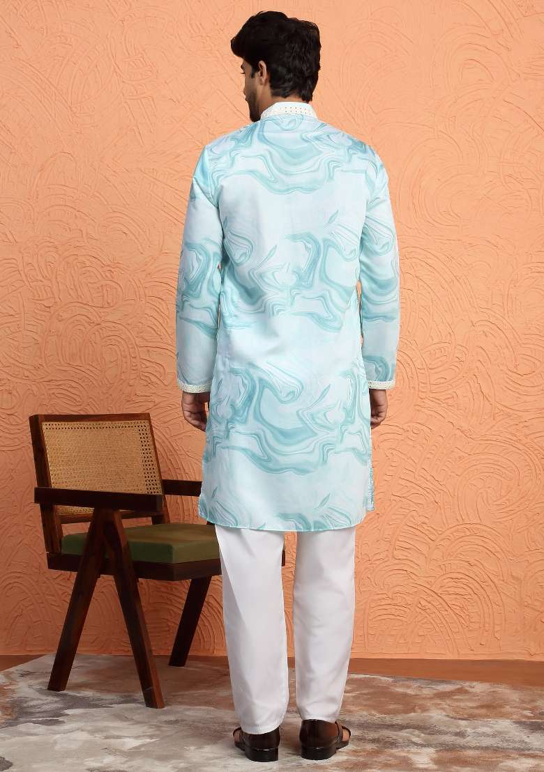 Green Printed Silk Blend Kurta For Men - Indya