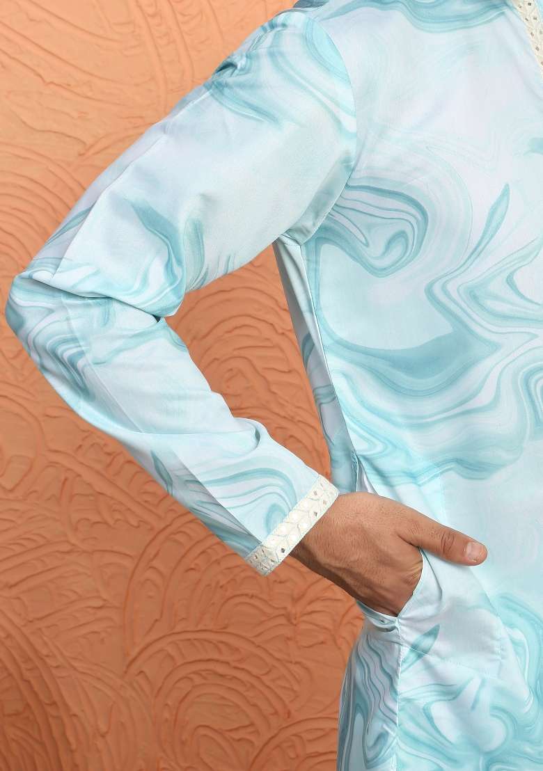 Green Printed Silk Blend Kurta For Men - Indya