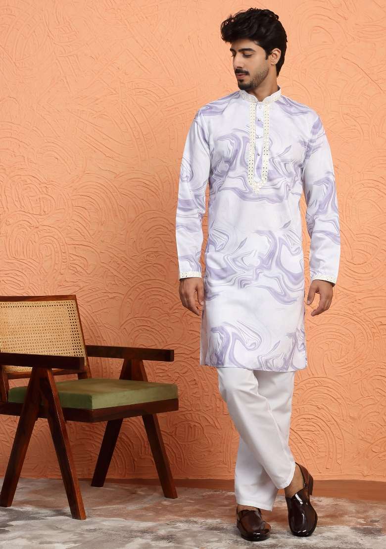 Mauve Printed Silk Blend Kurta For Men - Indya