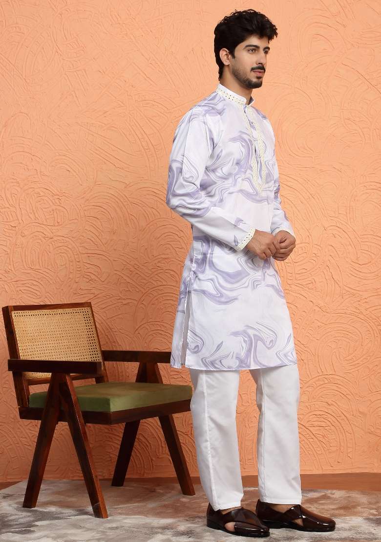 Mauve Printed Silk Blend Kurta For Men - Indya