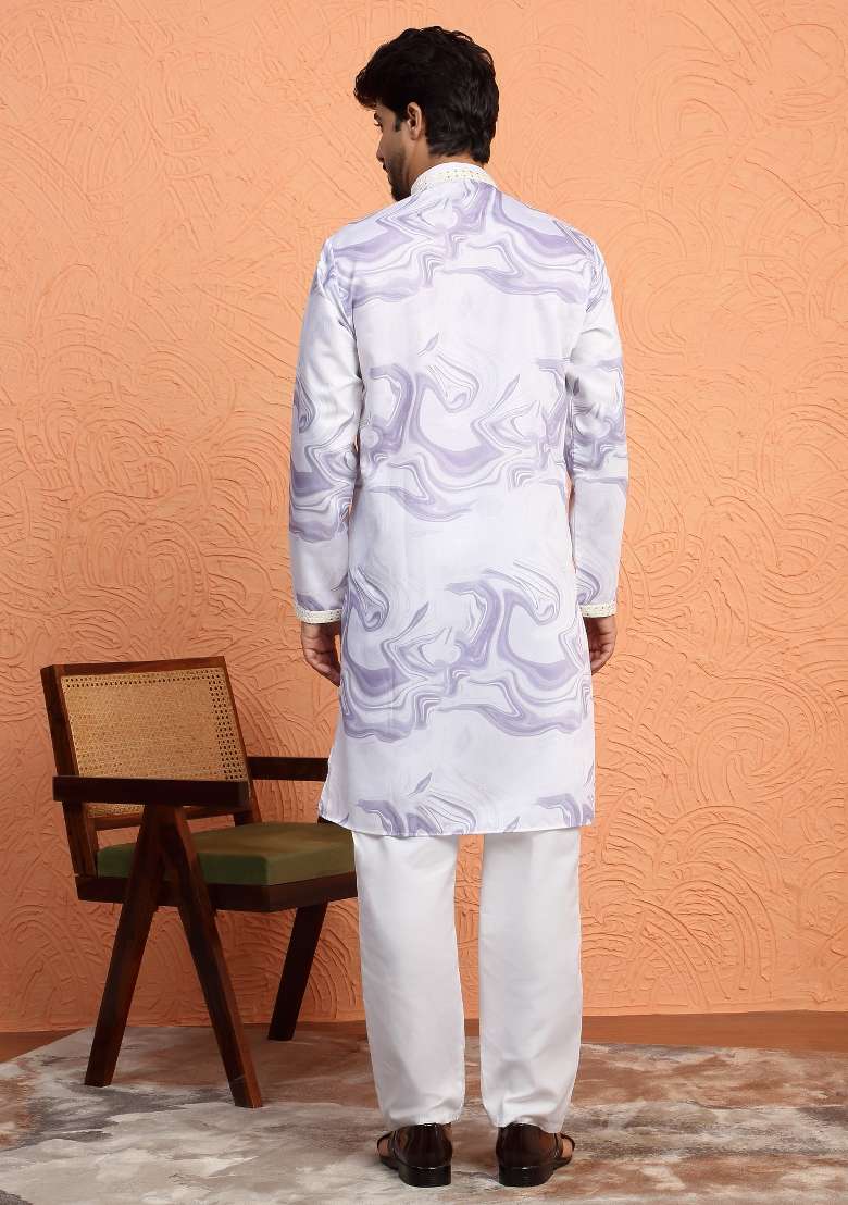 Mauve Printed Silk Blend Kurta For Men - Indya
