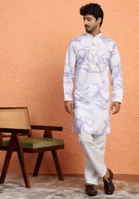 Mauve Printed Silk Blend Kurta For Men