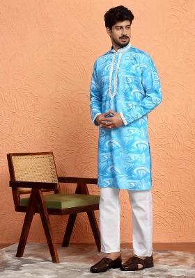 Sky Blue Printed Silk Blend Kurta For Men
