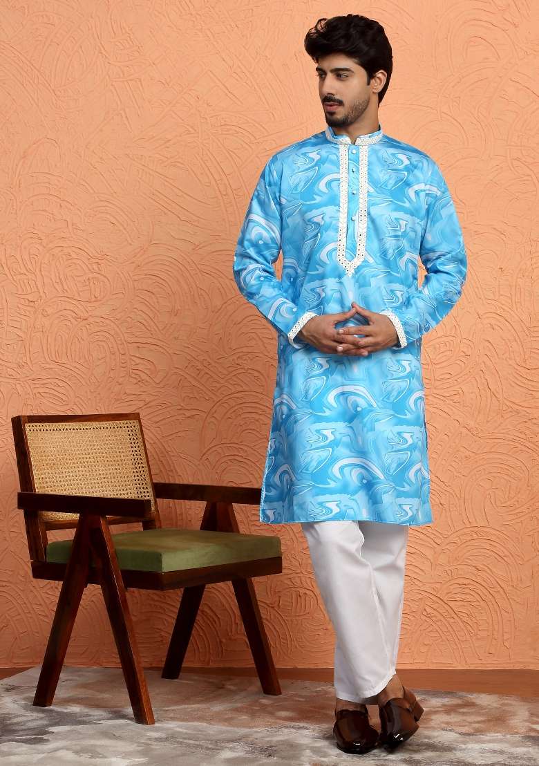 Sky Blue Printed Silk Blend Kurta For Men - Indya