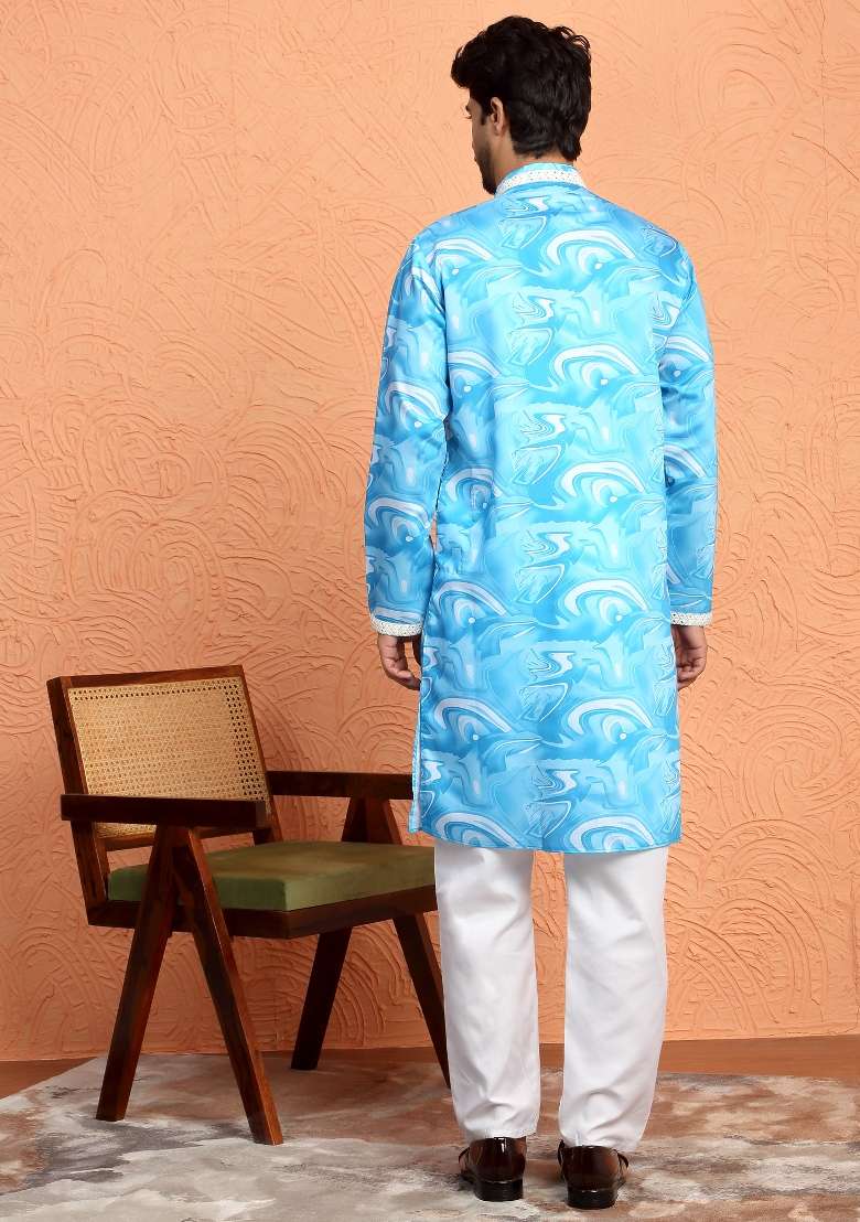 Sky Blue Printed Silk Blend Kurta For Men - Indya