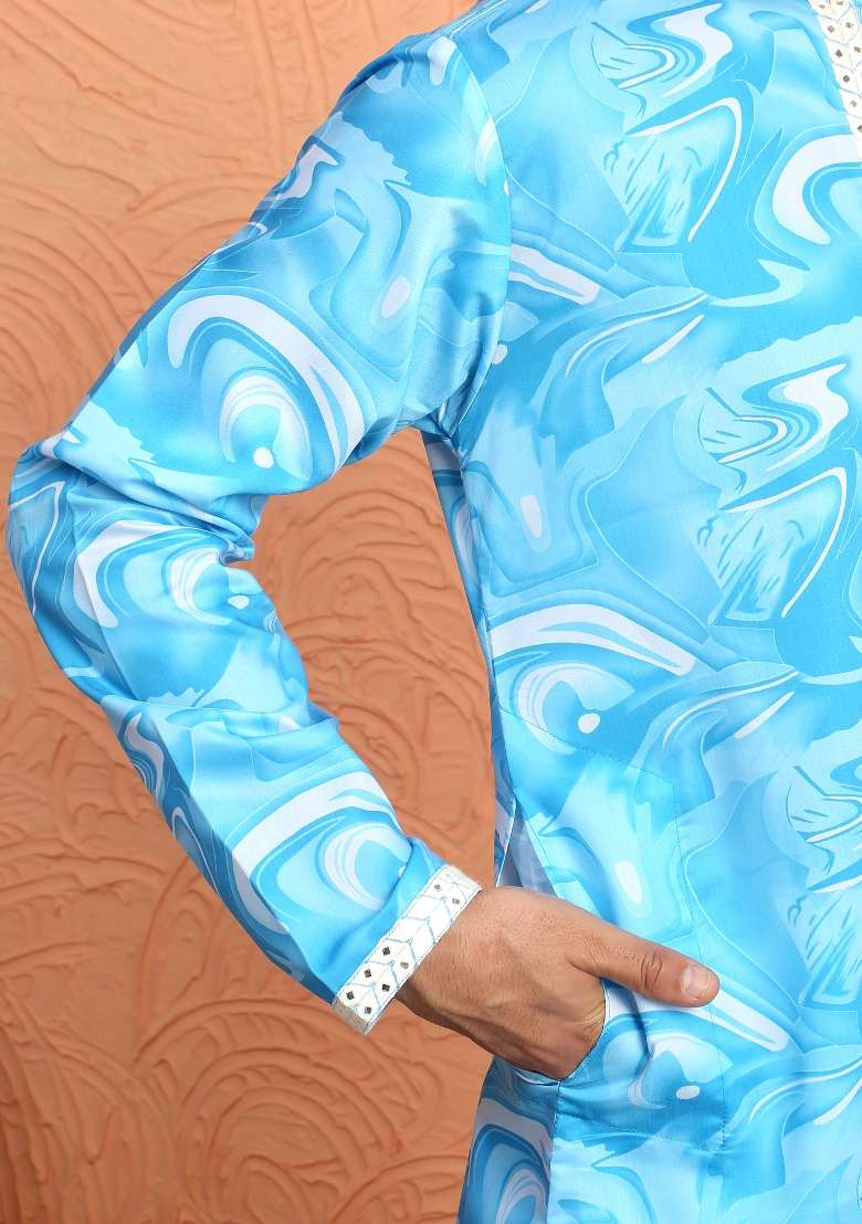 Sky Blue Printed Silk Blend Kurta For Men - Indya