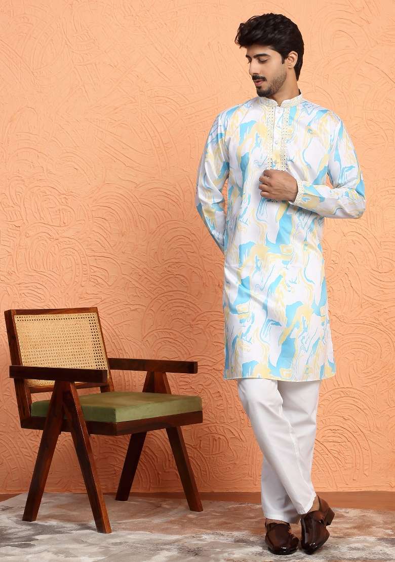 White Printed Silk Blend Kurta For Men - Indya