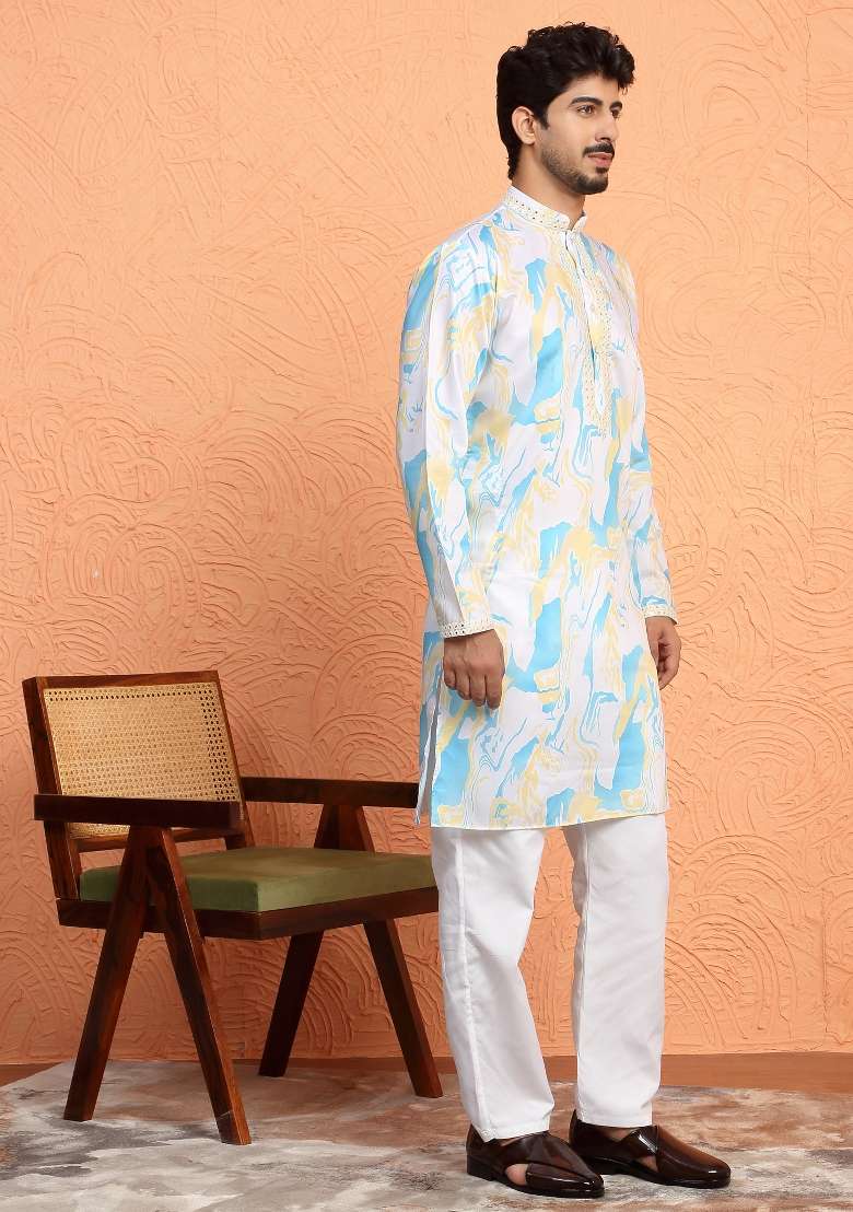 White Printed Silk Blend Kurta For Men - Indya