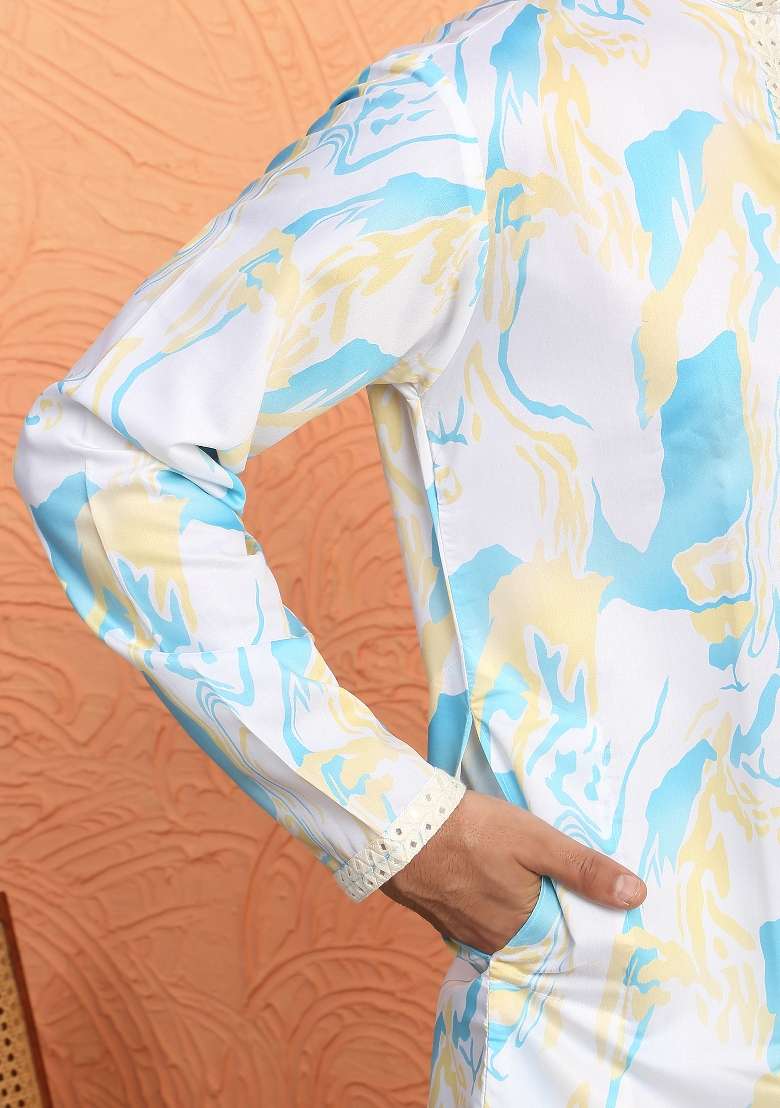 White Printed Silk Blend Kurta For Men - Indya