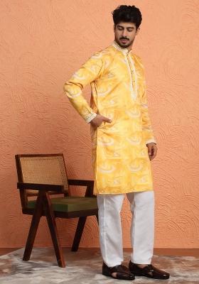 Yellow Printed Silk Blend Kurta For Men