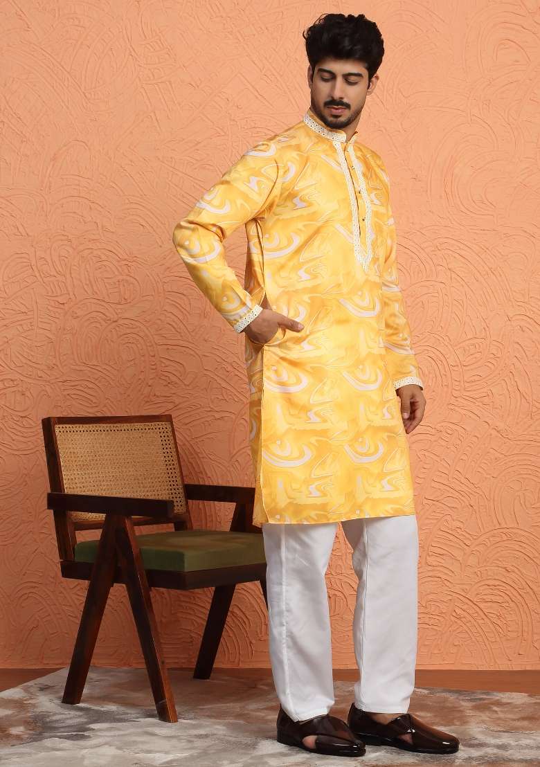 Yellow Printed Silk Blend Kurta For Men - Indya