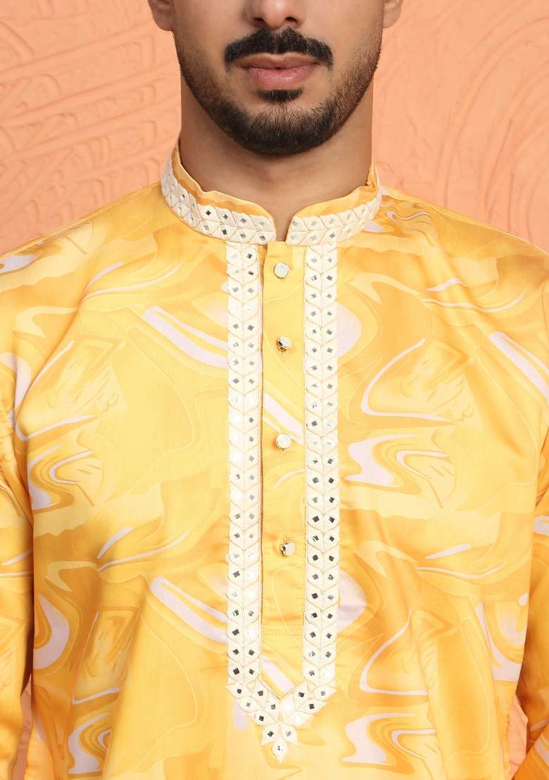 Yellow Printed Silk Blend Kurta For Men - Indya