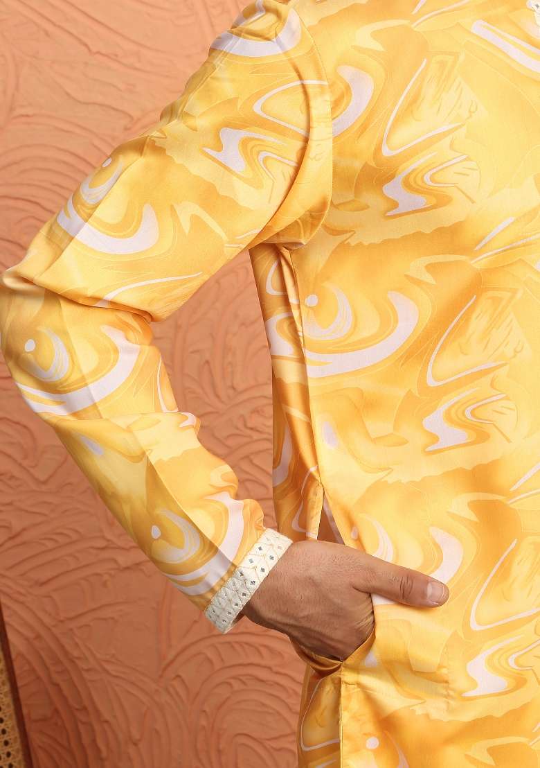 Yellow Printed Silk Blend Kurta For Men - Indya