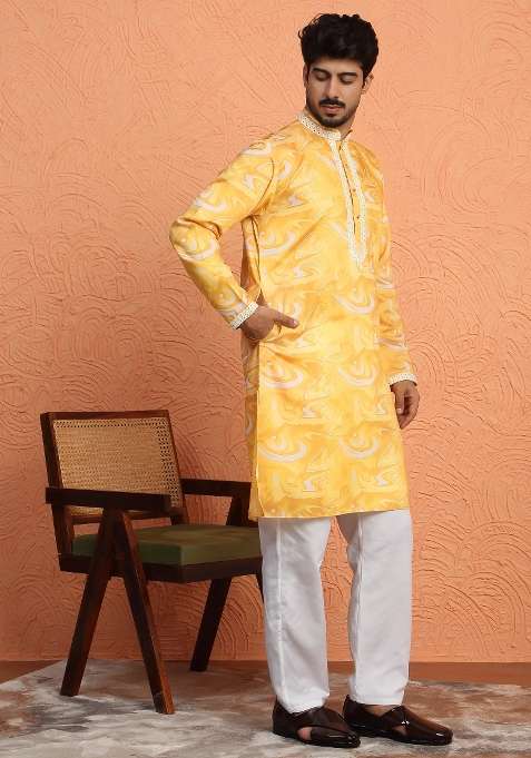 Yellow Printed Silk Blend Kurta For Men