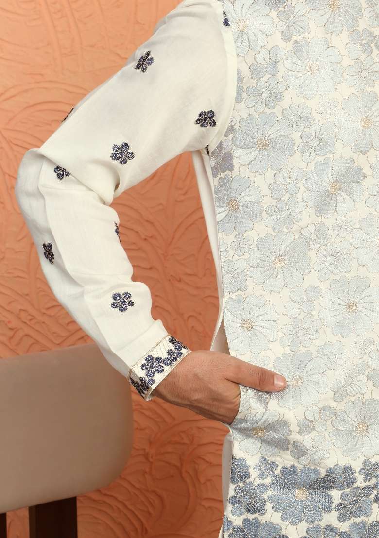 Grey Embroidered Silk Blend Kurta For Men - Indya
