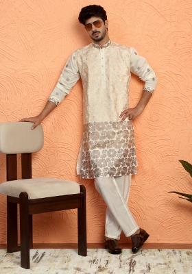 Beige Embroidered Silk Blend Kurta For Men