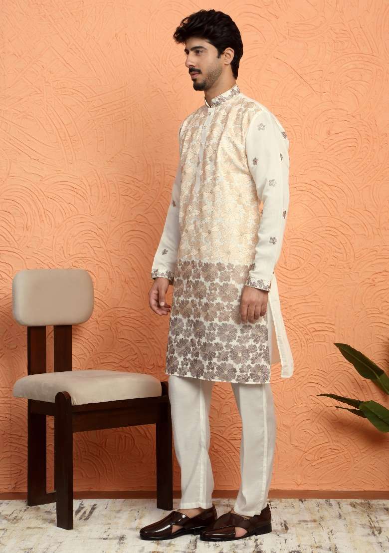Beige Embroidered Silk Blend Kurta For Men - Indya